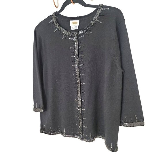 Talbots Black Sequined Cardigan Sweater Size XL 100% Pure New Wool - Picture 1 of 14